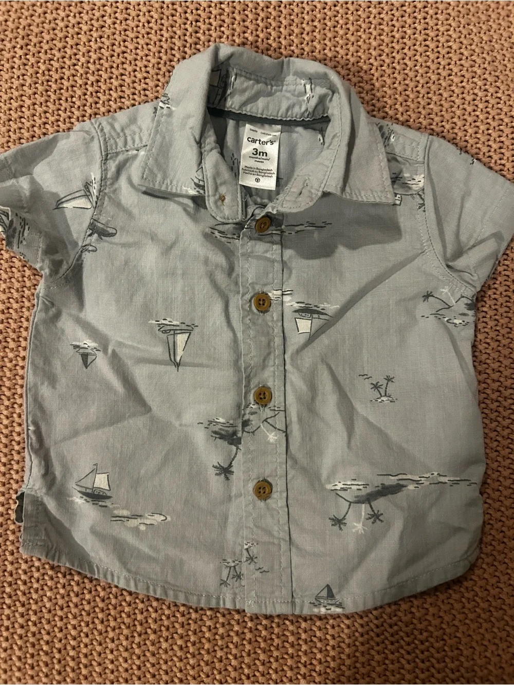 Carter’s Baby Boy 3M Blue Sailboat Ocean Print Short Sleeve Button Down Shirt